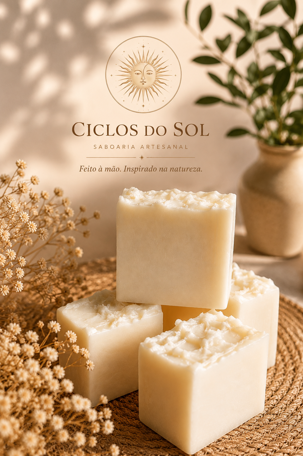 Mãos cortando uma barra de sabonete artesanal sobre bancada de granito